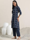 Libas Womens Woven Design Cotton Blend Straight Kurta With Trousers Blue 2Xl