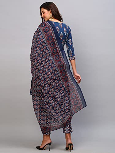 Anni Designer Women'S Cotton Blend Straight Printed Kurta With Pant & Dupatta (Patni Blue_M_Blue_Medium),Blue,M,Cotton Blend,Regular,
