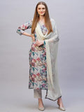 Anni Designer Women'S Rayon Blend Printed Straight Kurta With Pant & Dupatta (Habibi Grey-Nb_M_Grey_Medium),Grey,M,Rayon Blend,Regular,