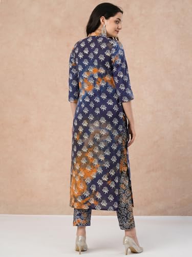 Anni Designer Women'S Cotton Blend Straight Printed Kurta With Pant (Sitana Blue_Xl_Blue_X-Large),Blue,XL,Cotton Blend,Regular,Kurta