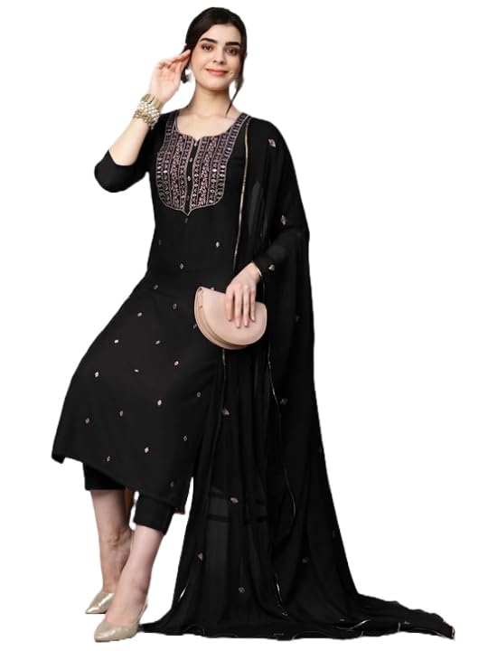 Anni Designer Women'S Cotton Blend Embroidered Straight Kurta With Pant & Dupatta (Kasturi Black-Al_M_Black_Medium),Black,M