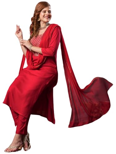 Gosriki Women'S Rayon Blend Embroidered Straight Kurta With Pant & Dupatta (Yuvani Red-Gs_Xl_Red_X-Large),Red,,B0D9YTXYWN