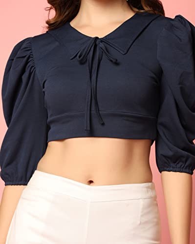 Toplot Women'S V-Collar Polo Crop Top With Half Sleeves (Top-5111-Navy-L),Navy,,B0C4FB1D1W
