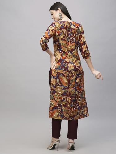 Anni Designer Women'S Cotton Blend Straight Printed Kurta With Pant (Jabala Wine_M_Wine_Medium),Wine,M,Cotton Blend,Kurta,