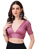 Womanista Silk Women's Dupion Solid Short Sleeve Regular Fit V Neck Blouse (BL_62_Pink Small)