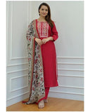Anni Designer Women'S Cotton Blend Straight Embroidered Kurta With Pant & Dupatta (Sanju Red_M_Red_Medium),Red,M,Cotton Blend,Regular,Kurta, Scarf