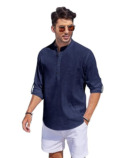 Bellstone Men'S Cotton Blend Solid Regular Dress Shirt (Kurta1500_Combo_White & Navy_L