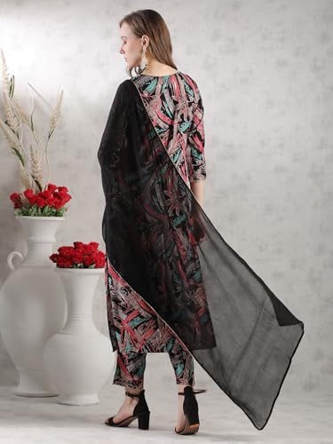 Gosriki Women'S Rayon Blend Straight Printed Kurta With Pant & Dupatta (Sunsari Black-Gs_L_Black_Large),Black,,B0DJWFQNXH