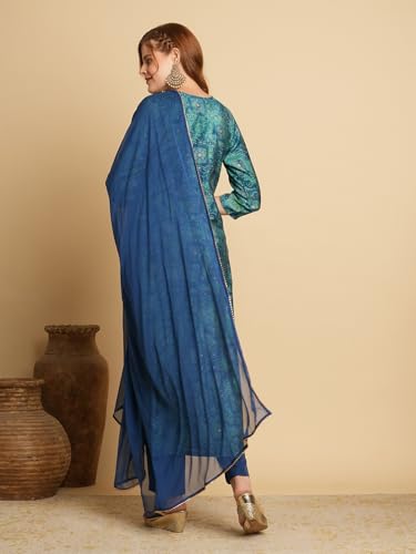 Anni Designer Women'S Cotton Blend Straight Printed Kurta With Pant & Dupatta (Sharvi Blue_L_Blue_Large),Blue,L,Cotton Blend,Casual,Kurta, Scarf