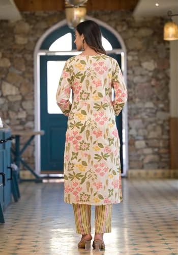 Anni Designer Women'S Cotton Blend Printed Straight Kurta With Pant & Dupatta (Kumud Cream-Nw_L_Cream_Large),Cream,L,Cotton Blend,Regular,