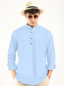 Royalscout Men'S Cotton Polyester Blend Solid Regular Fit Full Sleeve Short Kurta Sky Sky S Jm_Button_Sky_S