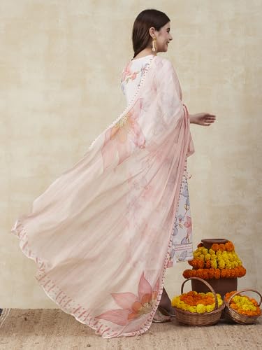 Anni Designer Women'S Cotton Blend Straight Printed Kurta With Pant & Dupatta (Harmosa Cream-Nre_S_Cream_Small),Cream,S,Cotton Blend,Regular,