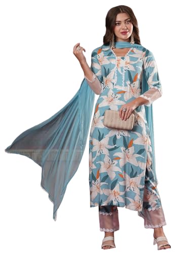 Anni Designer Women'S Cotton Blend Straight Printed Kurta With Pant & Dupatta (Pankhuri Sky_Xl_Sky Blue_X-Large),Sky Blue,XL