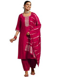 Libas Gerua Womens Yoke Design Silk Blend Straight Kurta With Trousers And Dupatta
