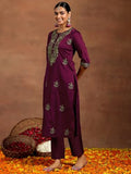 Libas Gerua Womens Yoke Design Silk Blend Straight Kurta With Trousers And Dupatta Burgundy 2Xl