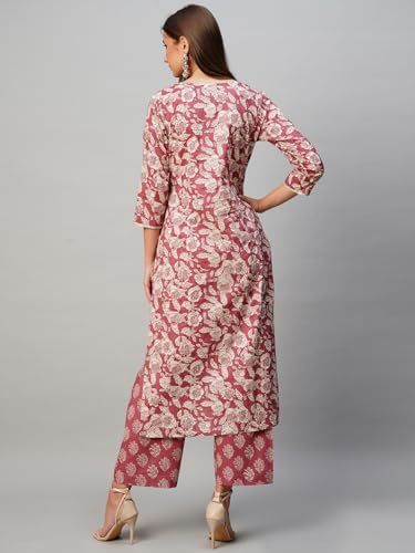 Anni Designer Women'S Cotton Blend Straight Printed Kurta With Pant (Soking Pink_S_Pink_Small),Pink,S,Cotton Blend,ANNI DESIGNER Women's Cotton Blend Straight Printed Kurta with Pant (Soking Pink),