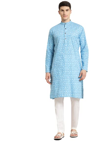 Sojanya (Since 1958 Men'S Cotton Turquoise Blue & White Printed Only Long Kurta