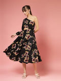 Oomph! Women'S Western & Fusion Wear Printed Crepe Dress For Women One Shoulder Black - Md1073,Jet Black,Jet Black,M
