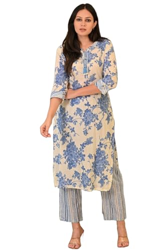 Anni Designer Women'S Cotton Blend Straight Printed Kurta With Pant (Jamahi Blue-Nw_Xxl_Blue_Xx-Large),Blue,2XL