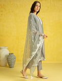 Kaari Roman Silk Womens Kurta Set (Kaaaw24Wskd-78860_Ghazal Grey,Ghazal Grey,Ghazal Grey,L