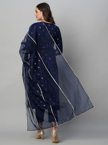 Anni Designer Women'S Cotton Blend Straight Printed Kurta With Pant & Dupatta (Thakor Blue_M_Blue_Medium),Blue,M,Cotton Blend,Regular,Kurta with Pant & Dupatta