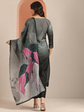 Libas Womens Embellished Muslin Straight Kurta With Trousers And Dupatta Grey Xl