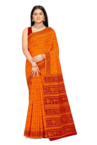 Tamaira Fashion Women's Plain Cotton Saree (2536_Gold&Red