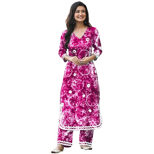 Gosriki Women'S Cotton Blend Printed Straight Kurta With Palazzo Set (Hand Block Pink-Gs_M_Pink_Medium),Pink,,B0CHSF9N4D