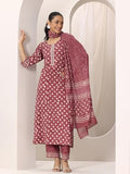 Libas Womens Printed Cotton Straight Kurta With Trousers And Dupatta Rust S