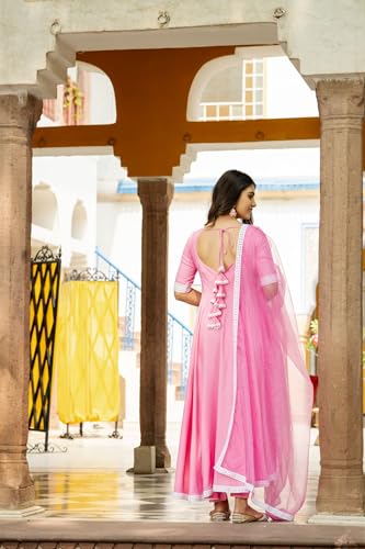 Anni Designer Women'S Rayon Blend Anarkali Solid Kurta With Pant & Dupatta (Tiesta Baby Pink_S_Baby Pink_Small),Baby Pink,S,Rayon Blend,Anarkali,