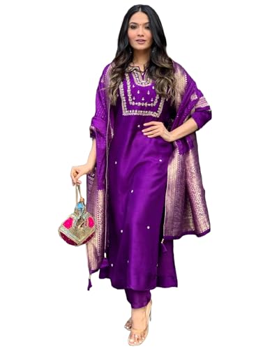Anni Designer Women'S Cotton Blend Straight Embroidered Kurta With Pant & Dupatta (Manushi Begani_3Xl_Begani_Xxx-Large),Begani,3XL