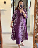 Anni Designer Women'S Rayon Viscose Printed Anarkali Kurta With Pant & Dupatta (Jarry Wine_Xl_Wine_X-Large),Wine,XL,Rayon Blend,Anarkali,