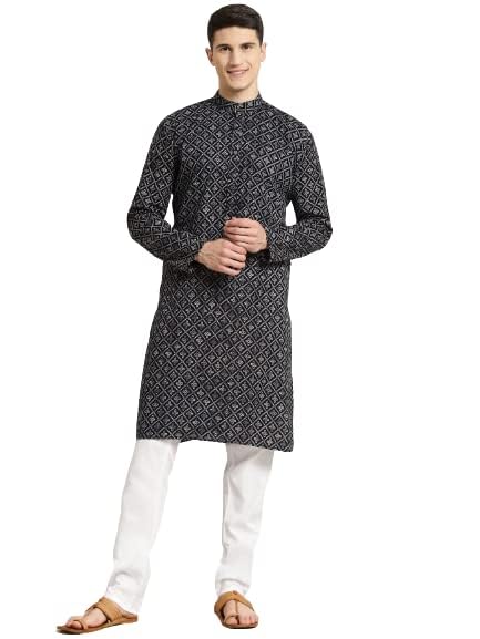Sojanya (Since 1958 Men'S Cotton Black & Grey Print Kurta & White Churidar Pyjama Set Black & Grey 2Xl