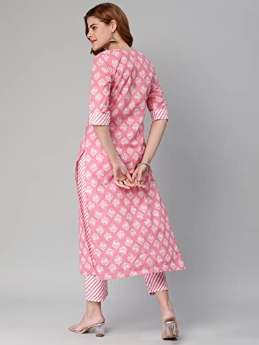 Anni Designer Women'S Cotton Blend Straight Floral Printed Kurta And Pant (Funnu-Pink-Sm_Xxl_Pink_Xx-Large),Pink,2XL,Cotton Blend,Regular,
