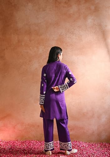 Anni Designer Women'S Cotton Blend Straight Chikankari Embroidered Kurta With Palazzo Set (Lko Purple_S_Purple_Small),Purple,S,Cotton Blend,Regular,