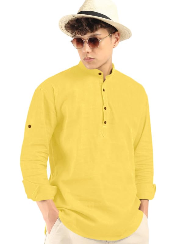 Royalscout Men'S Cotton Polyester Blend Solid Regular Fit Full Sleeve Short Kurta Yellow