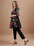 Womanista Women'S Black Colour Linen Multi Thread Embroidery Flared Tunic With Trouser Coord Set(Co-Ords_9072_M)