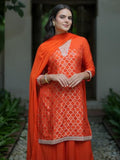 Libas Womens Woven Design Silk Blend Straight Kurta With Palazzos And Dupatta Orange 2Xl