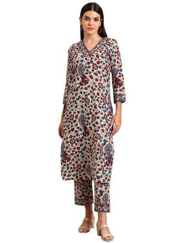 Anni Designer Women'S Rayon Blend Straight Printed Kurta With Pant (Nakari Cream_M_Cream_Medium),Cream,M