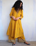 Anni Designer Women'S Rayon Viscose Anarkali Printed Kurta With Palazzo (Hanaya Yellow_M_Yellow_Medium),Yellow,M,Rayon Blend,Classic,
