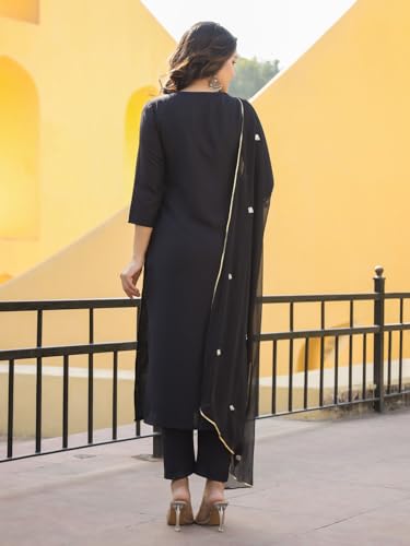 Anni Designer Women'S Rayon Blend Embroidered Straight Kurta With Pant & Dupatta (Kasturi Black_M_Black_Medium),Black,M,Rayon Blend,Regular,Kurta, Scarf