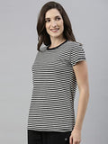 Enamor Essentials Women's Relaxed Fit Short Sleeves Crew Neck Slim Fit Breathable Stretch Regular Length Cotton Tee - EA47(EA47-Black & White Str-XL),Black & White Str