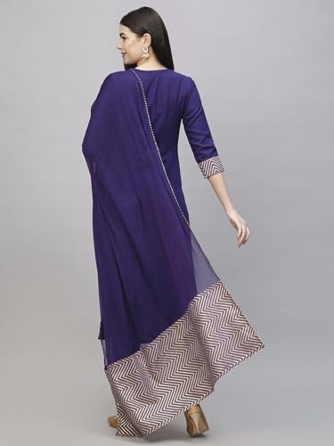 Anni Designer Women'S Cotton Blend Straight Printed Kurta With Pant & Dupatta (Kiku Begani_M_Purple_Medium),Purple,M,Cotton Blend,KIKU BEGANI_1378,