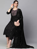 Anni Designer Women'S Cotton Blend Embroidered Straight Kurta With Pant & Dupatta (Kasturi Black-Al_Xl_Black_X-Large),Black,XL,,,