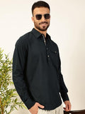 Thomas Scott Men Solid Cotton Linen Kurta Shirt (Ts1531_Navy, L)