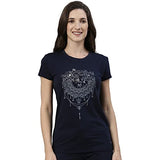 Enamor Essentials Women's Short Sleeve Crew Neck Slim Fit Breathable Stretch Cotton Tee With Graphic - E147(E147-Navy/Mandala Graphic-S),Navy/Mandala Graphic