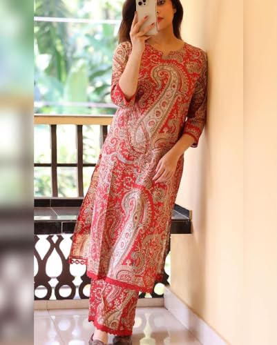 Anni Designer Women'S Cotton Blend Straight Printed Kurta With Pant (Valsad Red_M_Red_Medium),Red,M,Cotton Blend,Regular,Kurta