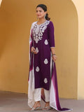 Gosriki Women'S Rayon Blend Embroidered Straight Kurta With Pant & Dupatta (Vimurat Violet-Nw-Gs_M_Violet_Medium),Violet,,B0CYH7TG1R