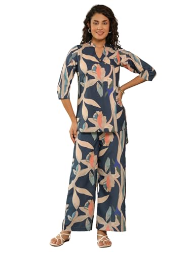 Leriya Fashion RAYON PRINTED A-LINE FRONT OPEN CO-ORD KURTA SET FOR WOMEN (LF-W2115&TR1067-M-BLUE)