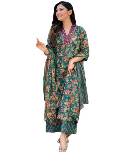 Anni Designer Women'S Rayon Blend Anarkali Printed Kurta With Palazzo & Dupatta (Cia Green-Vks01_Xl_Green_X-Large),Green,XL